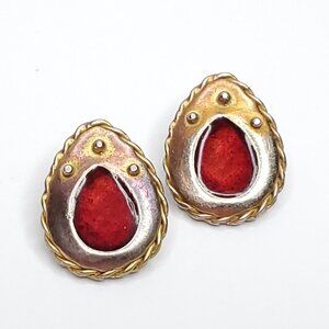 MWS Southwestern Earrings Clip On Red Enamel Silver Gold Tone 1"